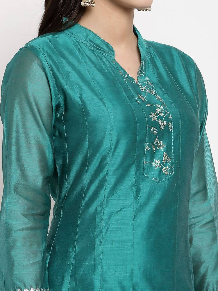 Myshka Women's Green Silk Solid Full Sleeve Mandarin Neck Casual Anarkali Gown | Grocsy