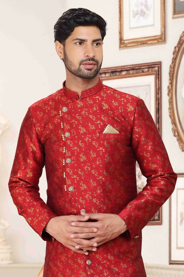 Raivat Ethnic Banarasi Jacquard Embroidery Semi Indo Western Sherwani In Maroon Colour | Grocsy