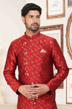 Raivat Ethnic Banarasi Jacquard Embroidery Semi Indo Western Sherwani In Maroon Colour | Grocsy