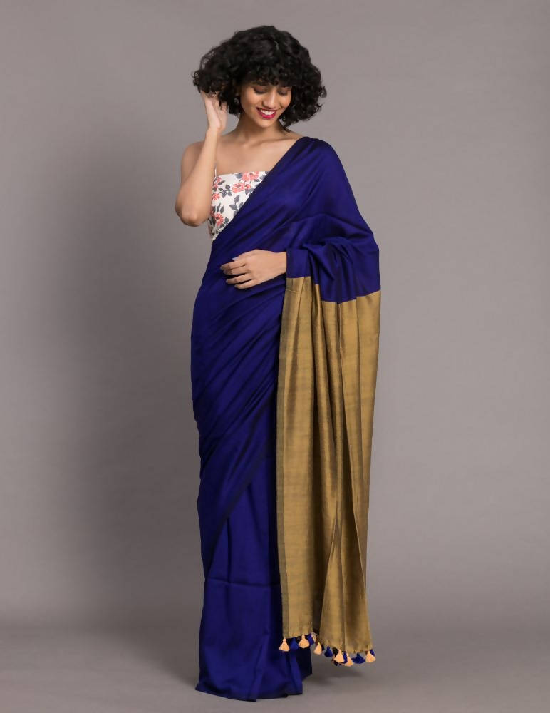 Suta Navy Blue Golden Colourblocked Saree | Grocsy