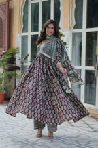 Vastranavya Wine Pure Cotton Printed Top with Pant & Dupatta Set | Grocsy
