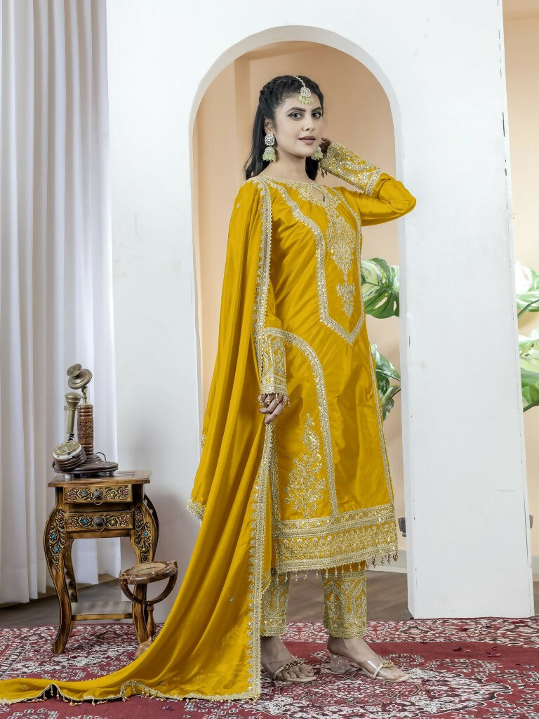 Teeya Creation Yellow Color Chinnon Silk Embroidery Work Fully Stitched Salwar Suit | Grocsy