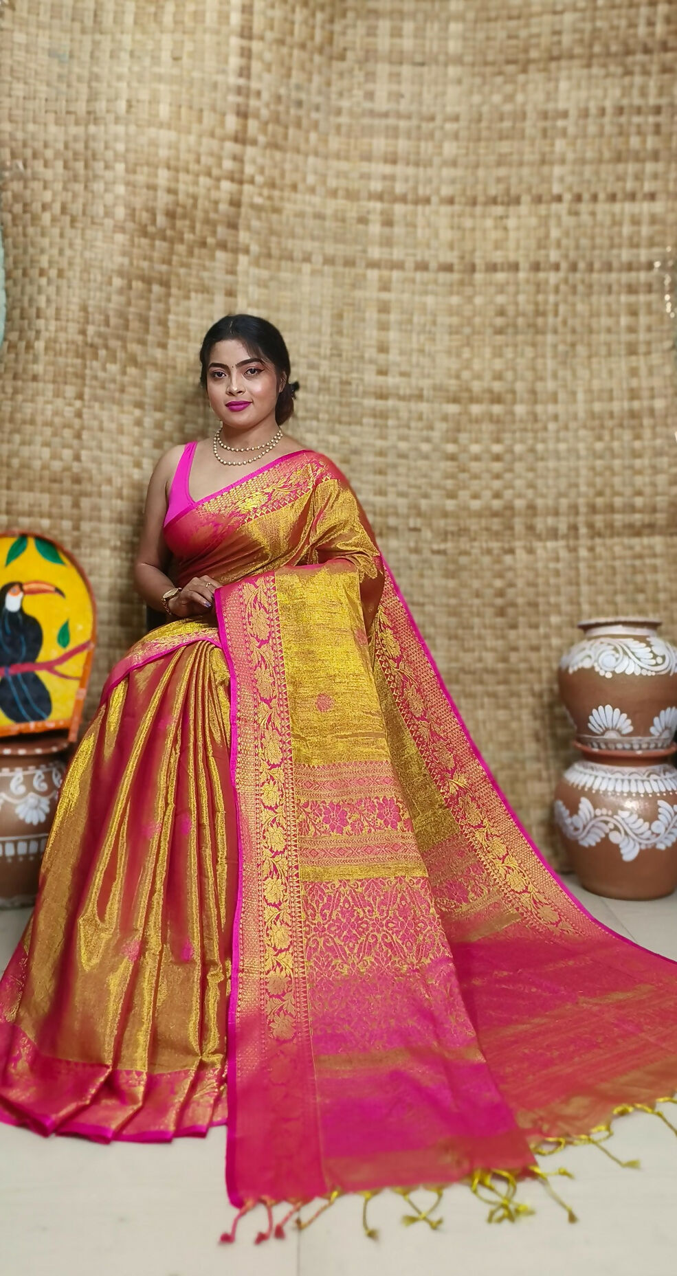 Exclusive Collection Pink Beautiful Tissue Benarasi Saree | Grocsy