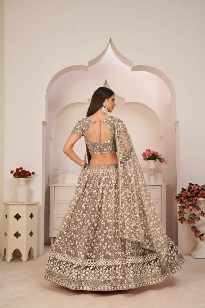 Aastha Fashion Chocolate Brown Butterfly Net White Cotton Thread Work, Zari Work And Sandwich Sequence Work Embroidery Wedding Wear Lehenga Choli | Grocsy