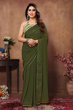 Partywear Designer Green Georgette Fancy Saree - Satrangi | Grocsy