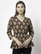 Myshka Printed 3/4 Sleeve V-Neck Casual Pure Cotton Top For Women | Grocsy