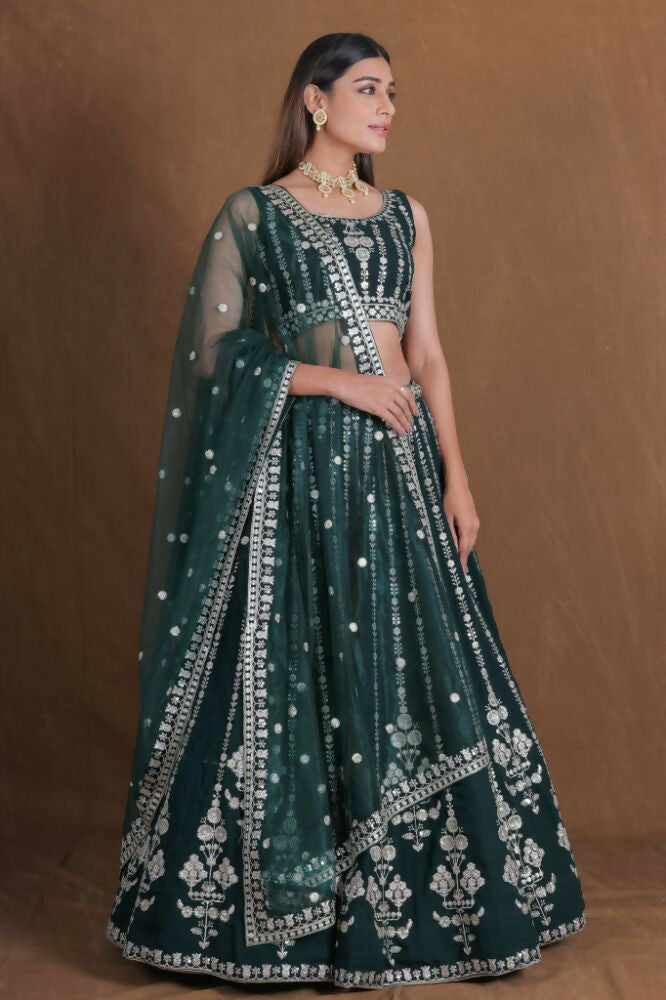Bottlegreen Georgette Zari,Sequence Thread Embroidery Work Lehenga Choli - Jihu Culture | Grocsy