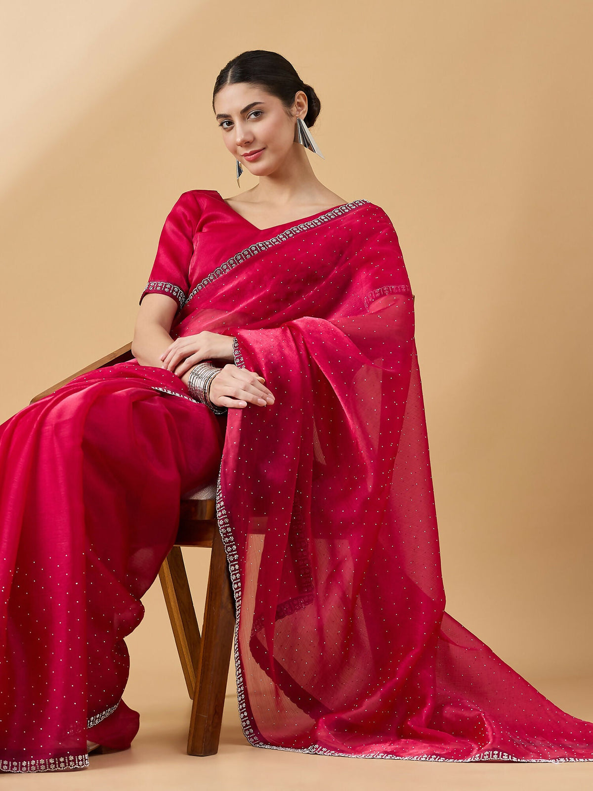 Pink Organza Swaroski Diamond Work Saree with Unstitched Blouse - Radha | Grocsy