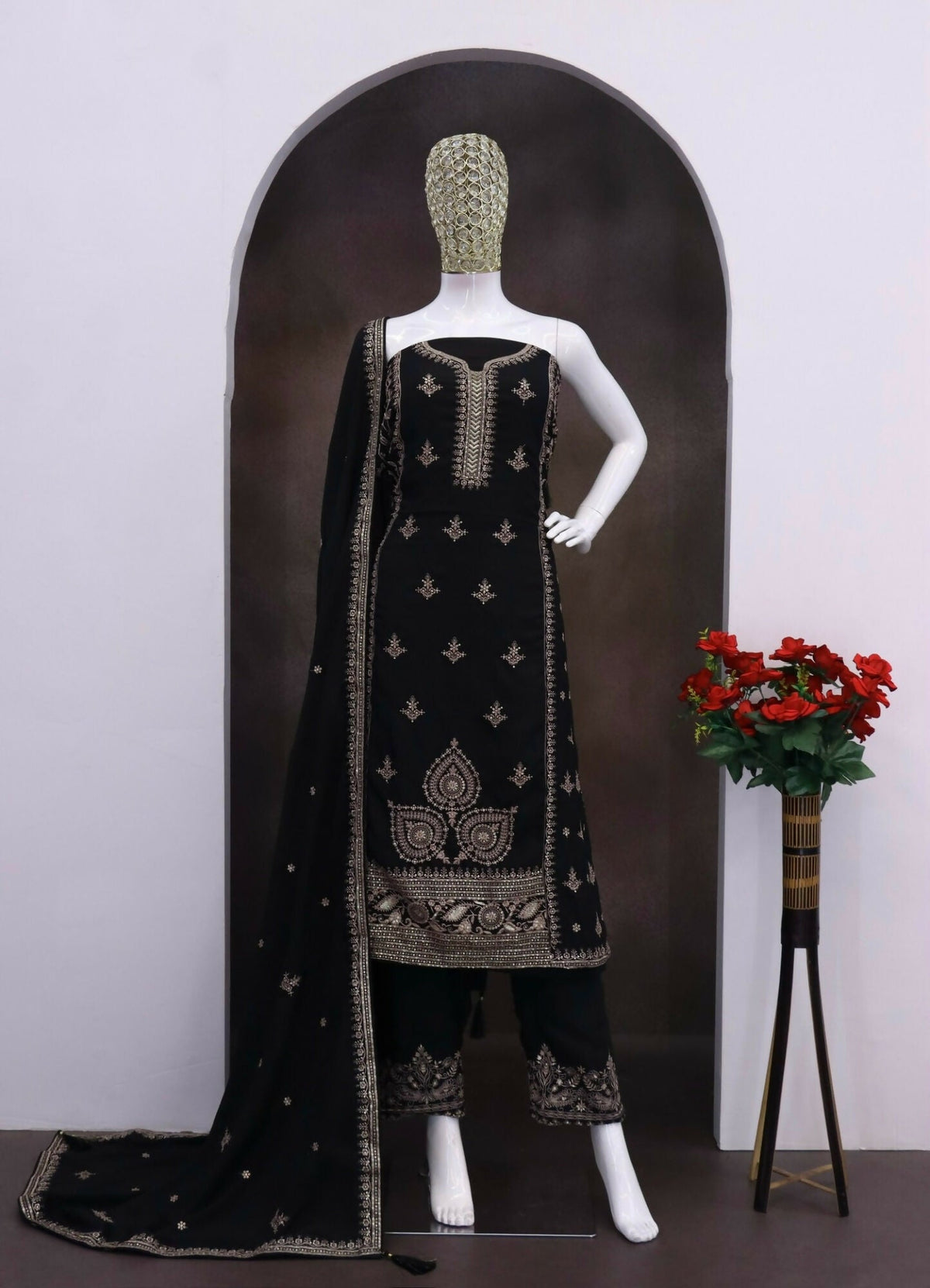 Anaita Black Chinon Silk Stitched Suit with Embroidery & Sequence Work | Grocsy