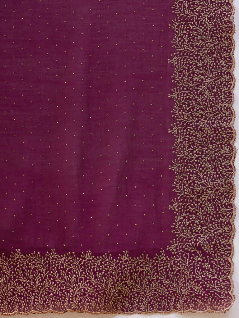 Purple Silk Blend Embroidered Saree with Unstitched Blouse - Vairagi | Grocsy