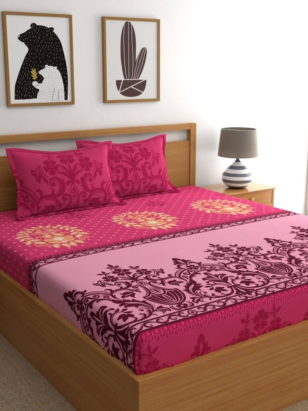 Dreamscape Pink & Beige Ethnic Motifs 144 TC Bedsheet with Pillow Covers | Grocsy