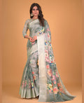 Green Cotton Silk Floral Printed Saree With Unstitched Blouse Piece - Akshita | Grocsy