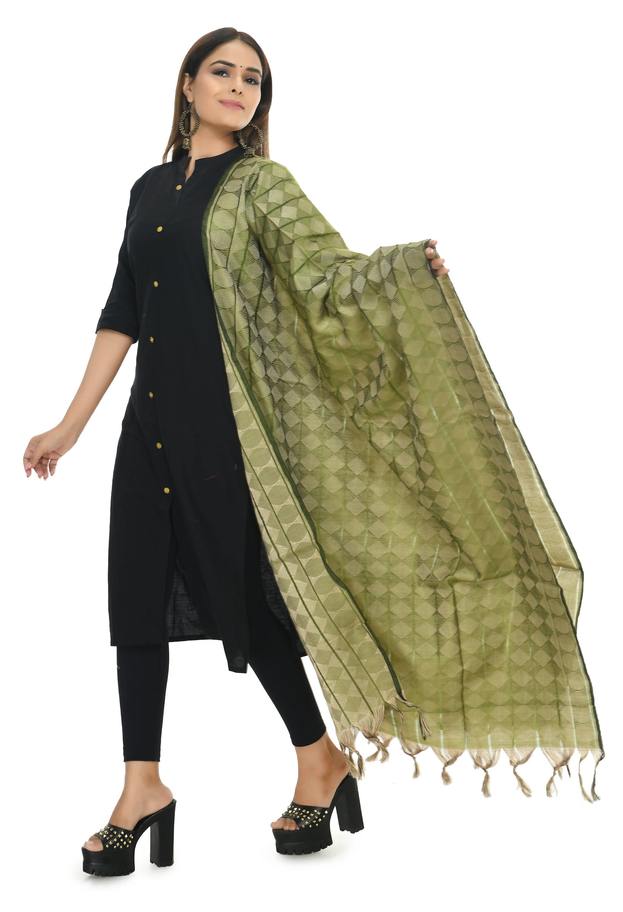 Mominos Fashion Moeza Handloom Cotton Mehendi Green Dupatta | Grocsy
