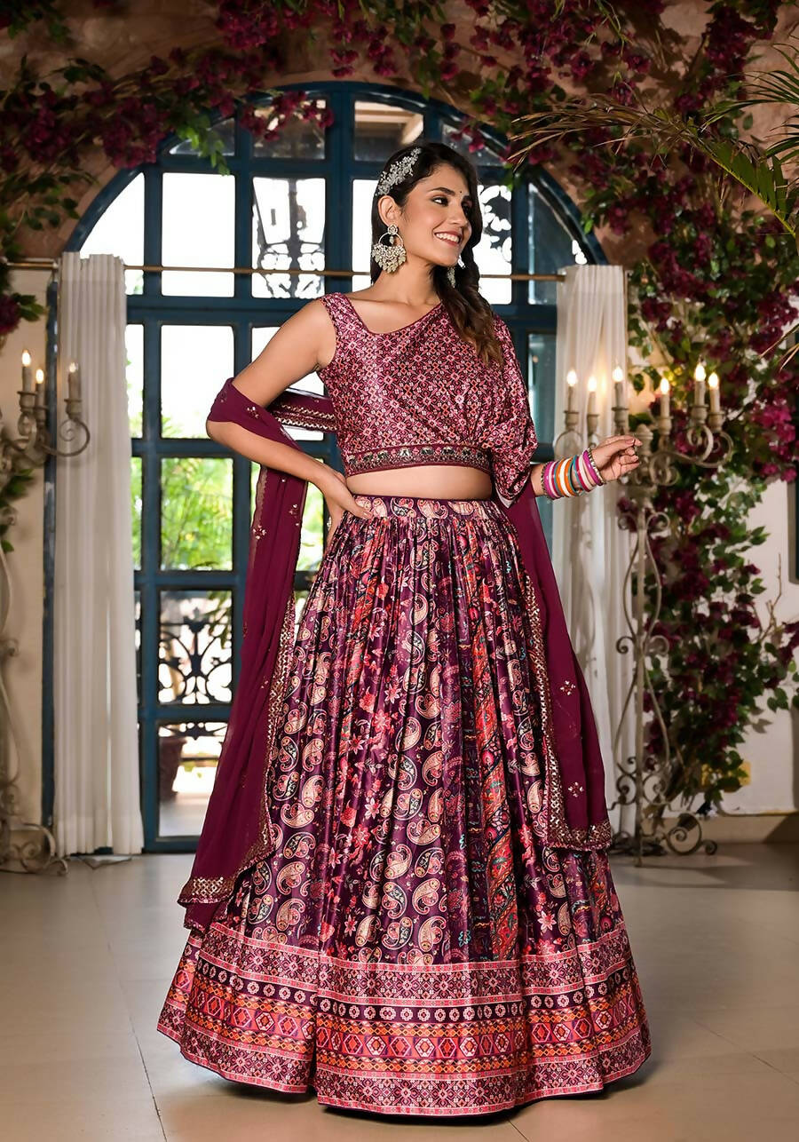 Women's Wedding Traditional Mulberry Dull Satin Lehenga Choli - Kaushlya | Grocsy
