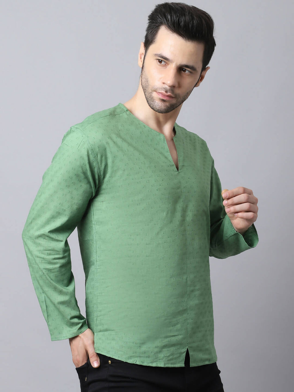 Even Apparels Green Pure Cotton Round Neck Slit Men's Kurta | Grocsy