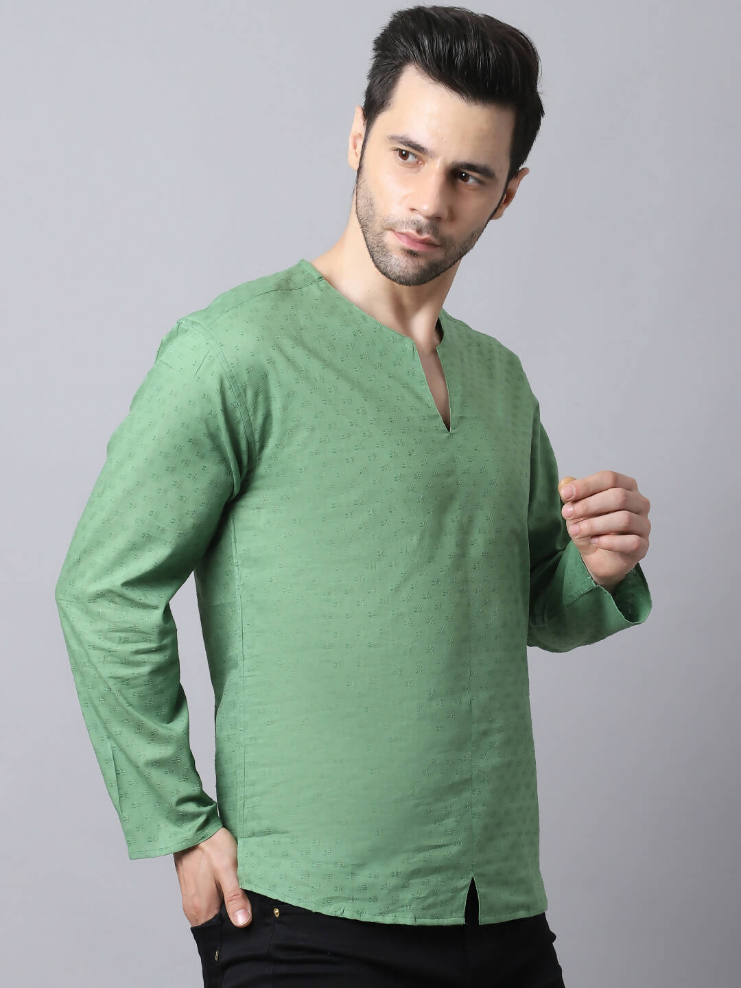Even Apparels Green Pure Cotton Round Neck Slit Men's Kurta | Grocsy