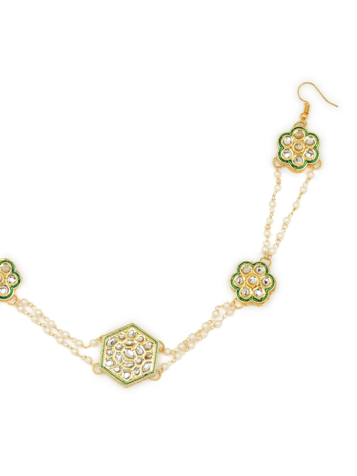 Gold-Polished White Kundan-Studded Pearl Beaded Hair Band - Ruby Raang | Grocsy