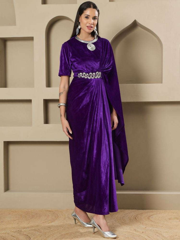 Joban Fashion Women Purple Velvet Hand Embellishment Stitched Dress | Grocsy