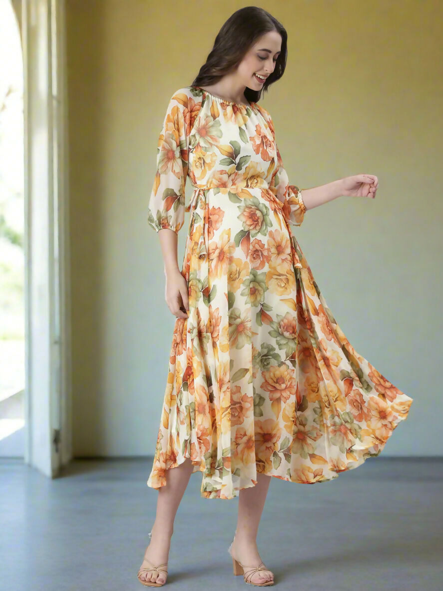 Souchii Cream Floral Chiffon Dress | Grocsy