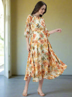 Souchii Cream Floral Chiffon Dress | Grocsy