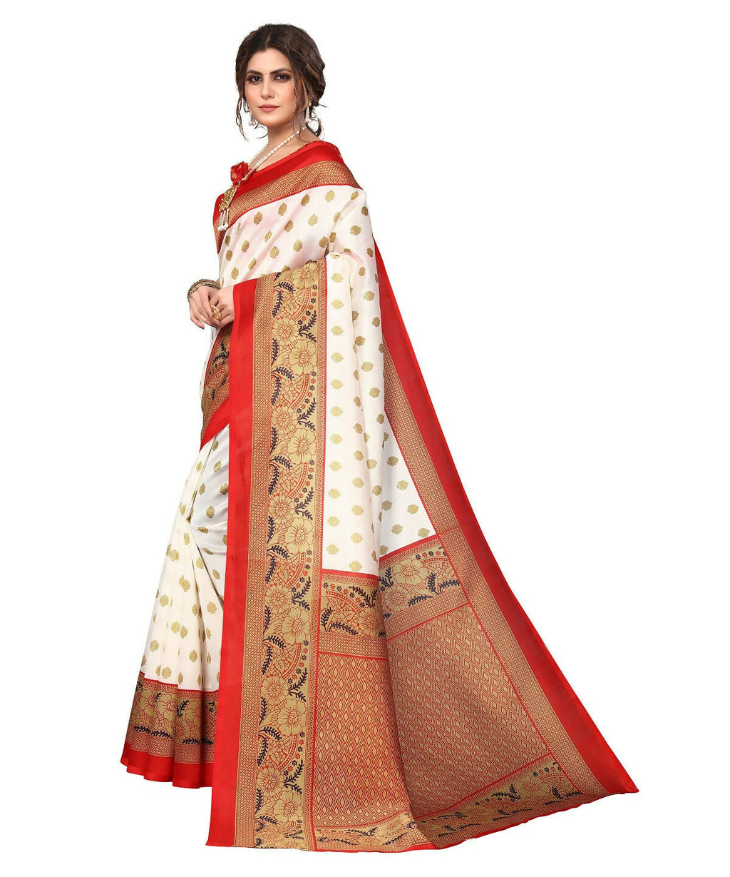 Vamika white & red Printed Art Silk Saree | Grocsy
