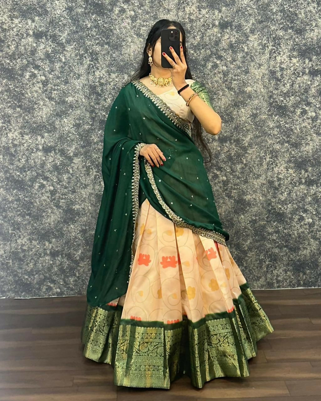 Teeya Creation Womens New Trendy Designer Green Floral Lehenga Choli Set with Contrast Border and Dupatta Set | Grocsy