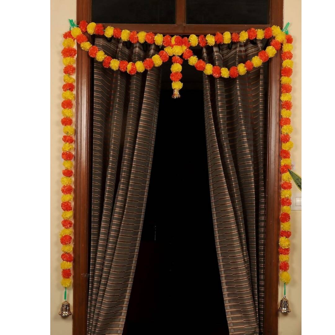 Tied Ribbons Yellow & Orange Door Hanging Garland Toran with Bells | Grocsy