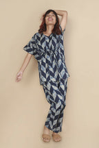 Breathables Women’S Loungewear Kaftan Cotton Blue Geometric Print Co-Ord Set | Grocsy
