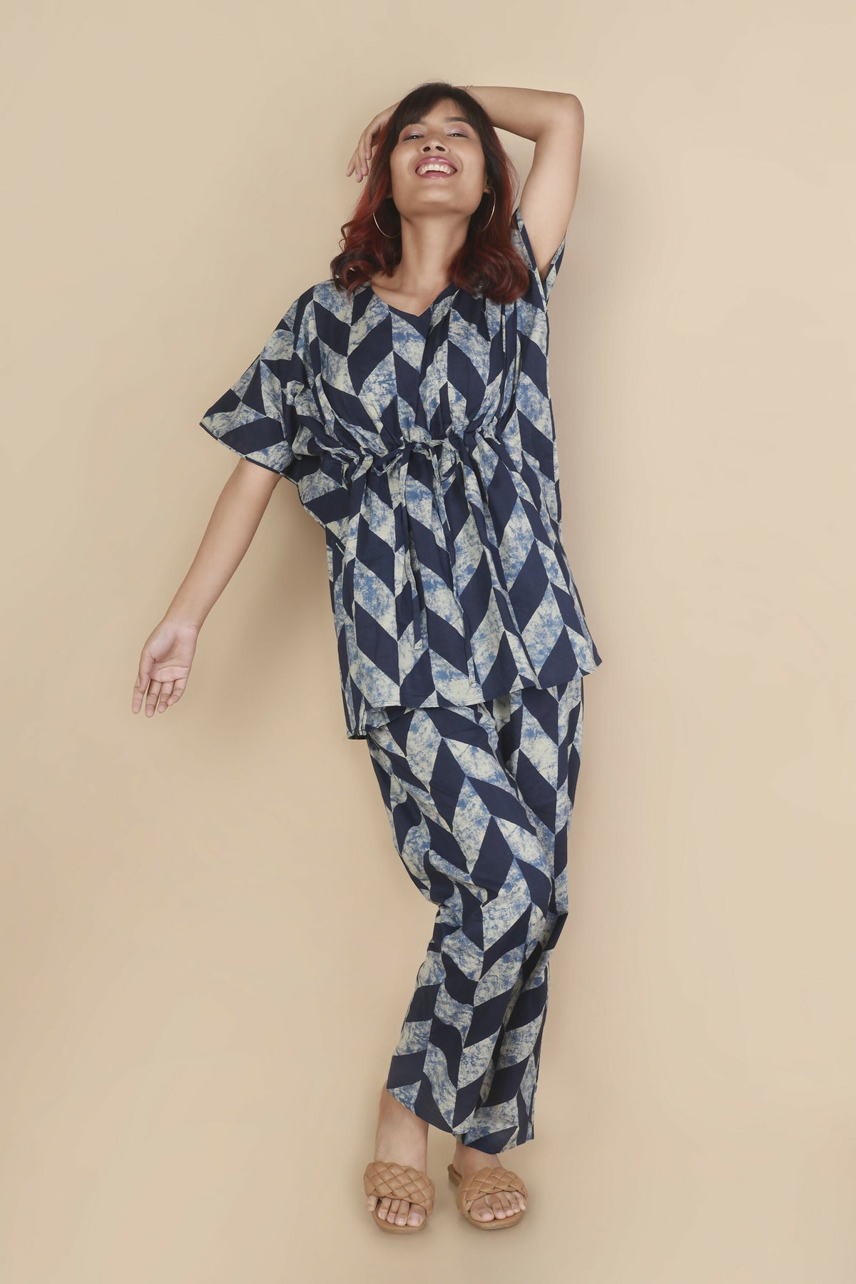 Breathables Women’S Loungewear Kaftan Cotton Blue Geometric Print Co-Ord Set | Grocsy