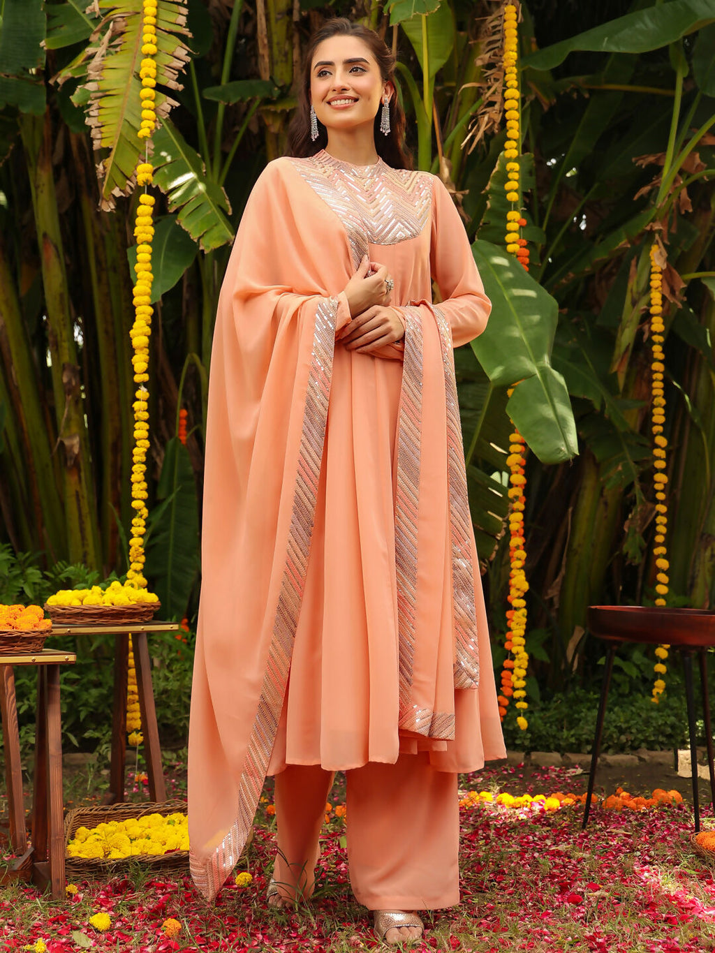 Janasya Peach Georgette Sequined Kurta,Bottom & Dupatta | Grocsy