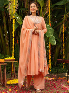 Janasya Peach Georgette Sequined Kurta,Bottom & Dupatta | Grocsy