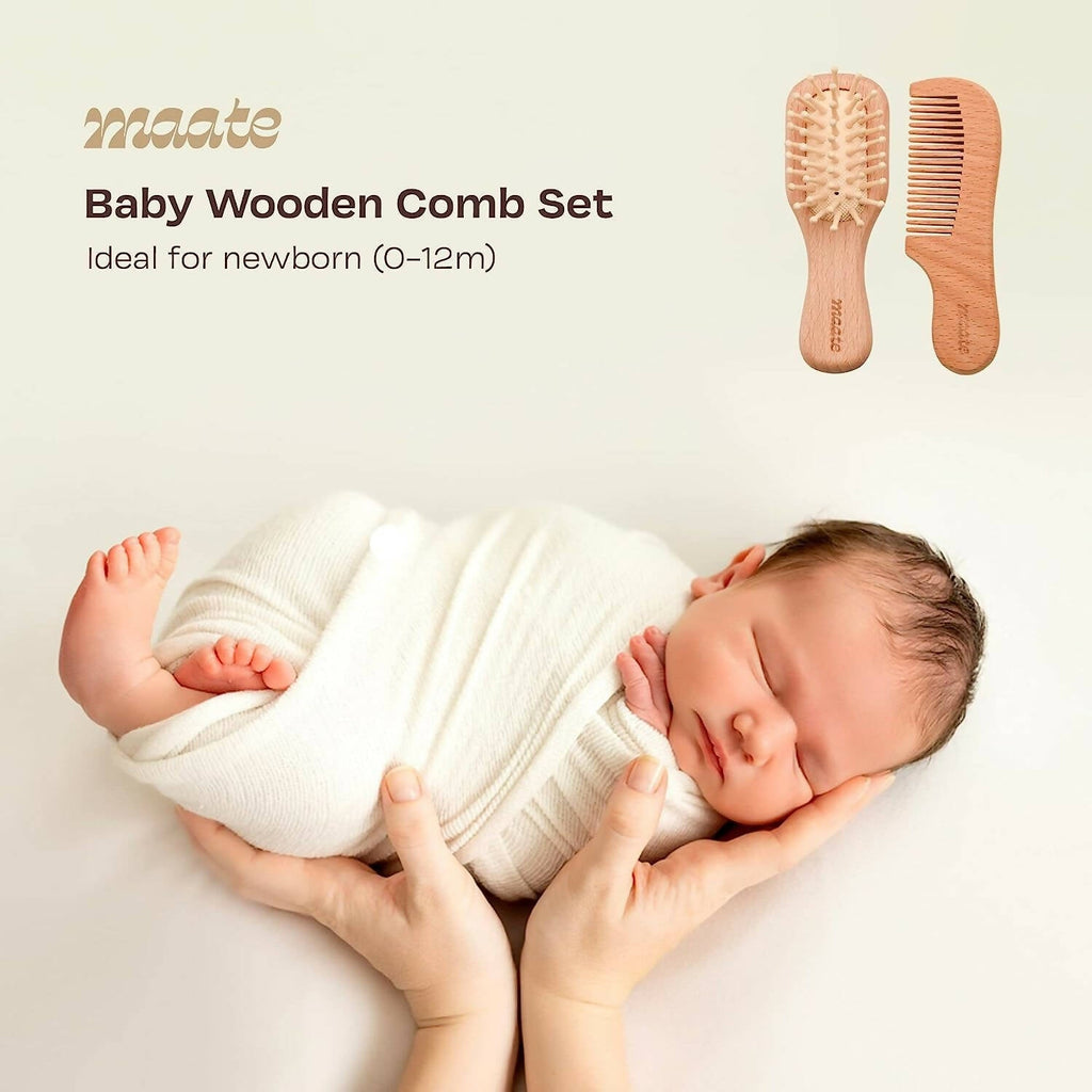 Maate Baby Wooden Comb Set | Beechwood Comb and Hair Brush | Grocsy