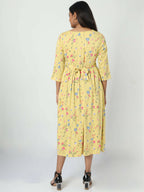 Manet Three Fourth Maternity Dress Floral Print With Concealed Zipper Nursing Access - Yellow | Grocsy