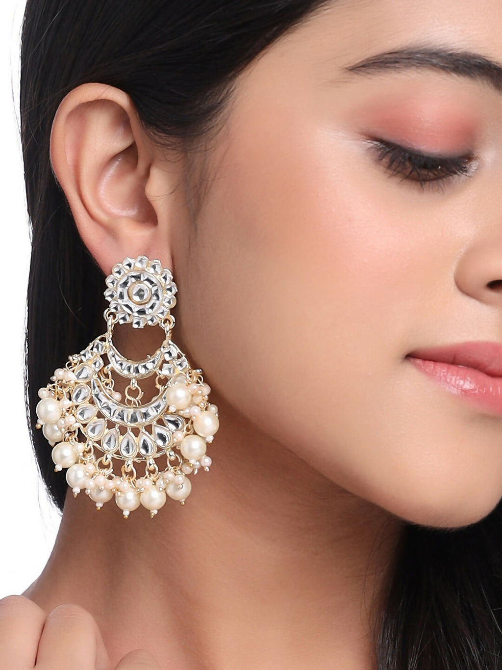NVR Women Gold-Polished Studded Kundan Chandbali Earrings | Grocsy