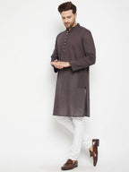 Even Apparels Brown Pure Cotton Long Men's Kurta With Band Collar | Grocsy