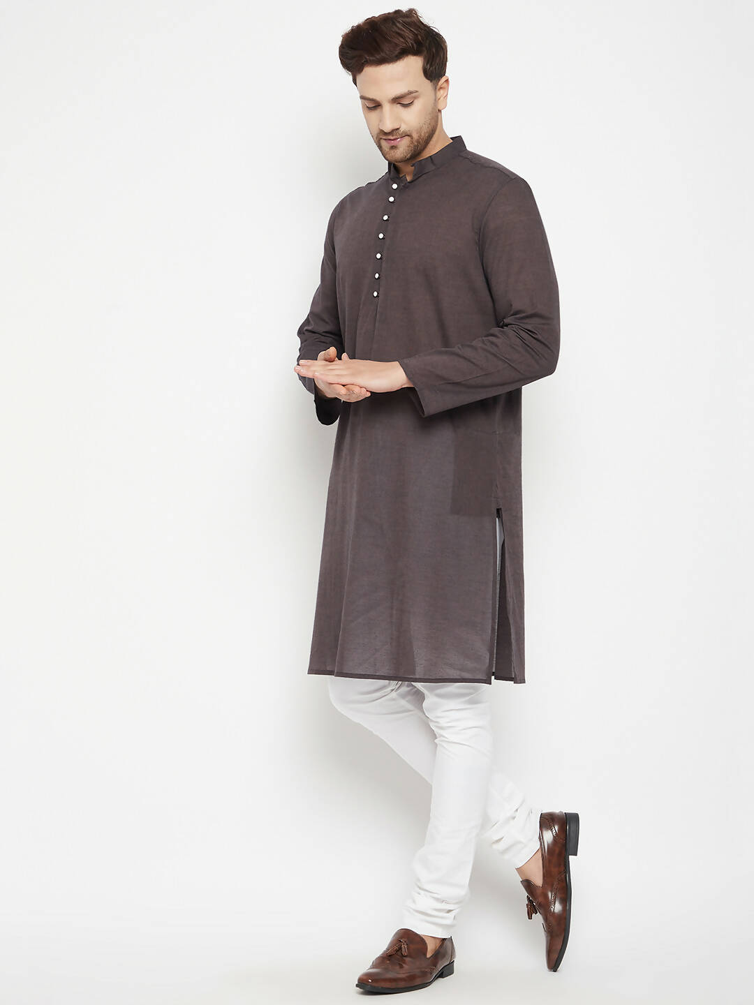 Even Apparels Brown Pure Cotton Long Men's Kurta With Band Collar | Grocsy