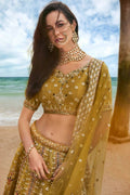 House of Panchhi Mustard Bridel Net Sequins, Moti, Mirror And Thread Embroidery Lehenga Choli & Dupatta | Grocsy