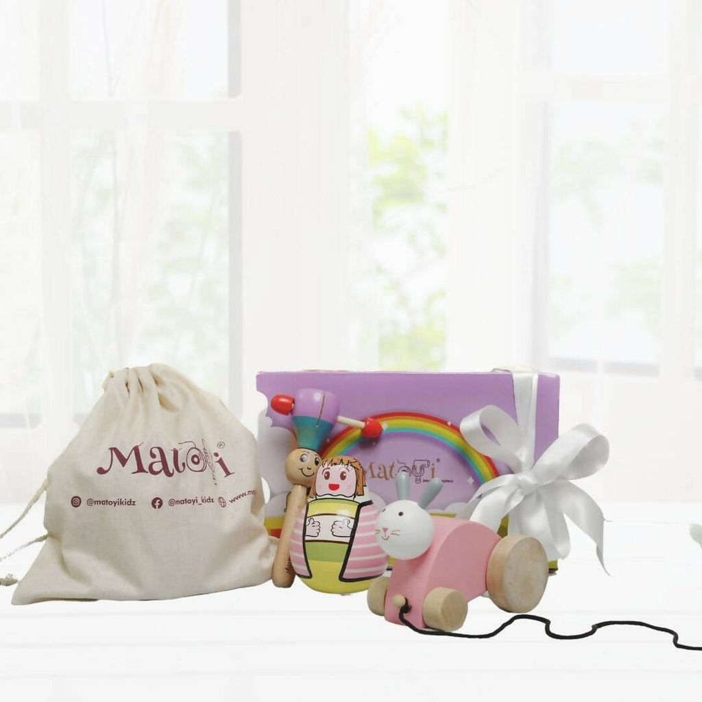 Matoyi Wobbly Doll & Pink Rabbit Pull Along & Maraca Rattle For Kids | Grocsy