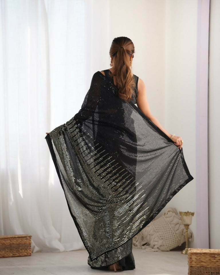 Black Georgette Designer Sequence Embroidery Work Saree - Sitare | Grocsy