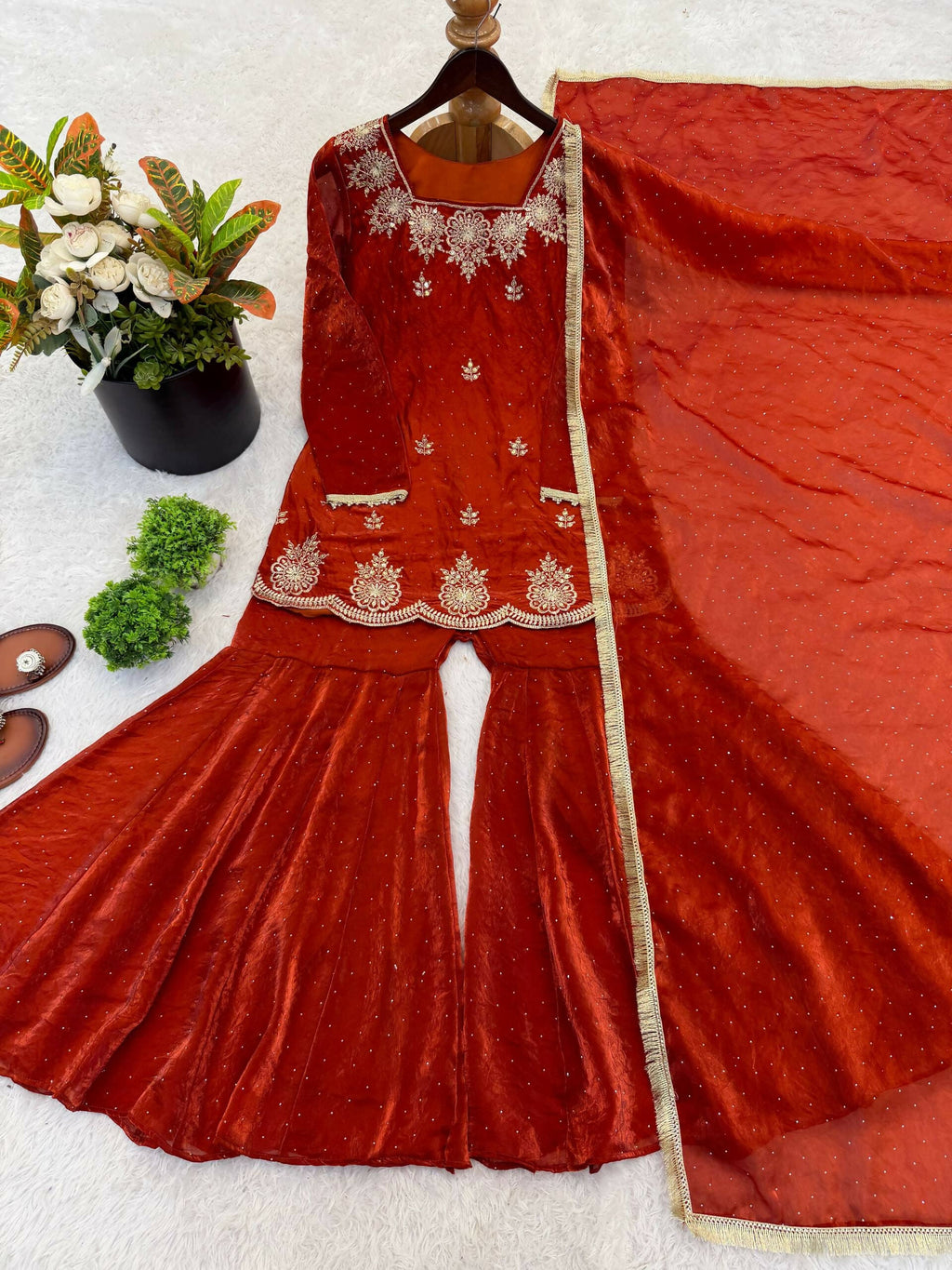 Teeya Creation Womens New Fancy Embroidery Sequence Work With Zarkan Diamond Work Orange Kurta Set | Grocsy