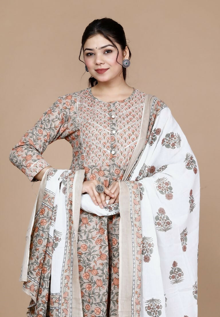 Miravan Women's Partywear Brown Floral Printed Gota Work Long Anarkali With Dupatta Set | Grocsy