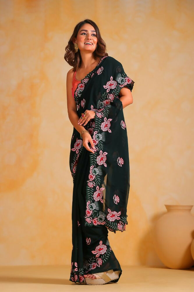 Vamsee Annie Dark Green Georgette Silk Saree | Grocsy