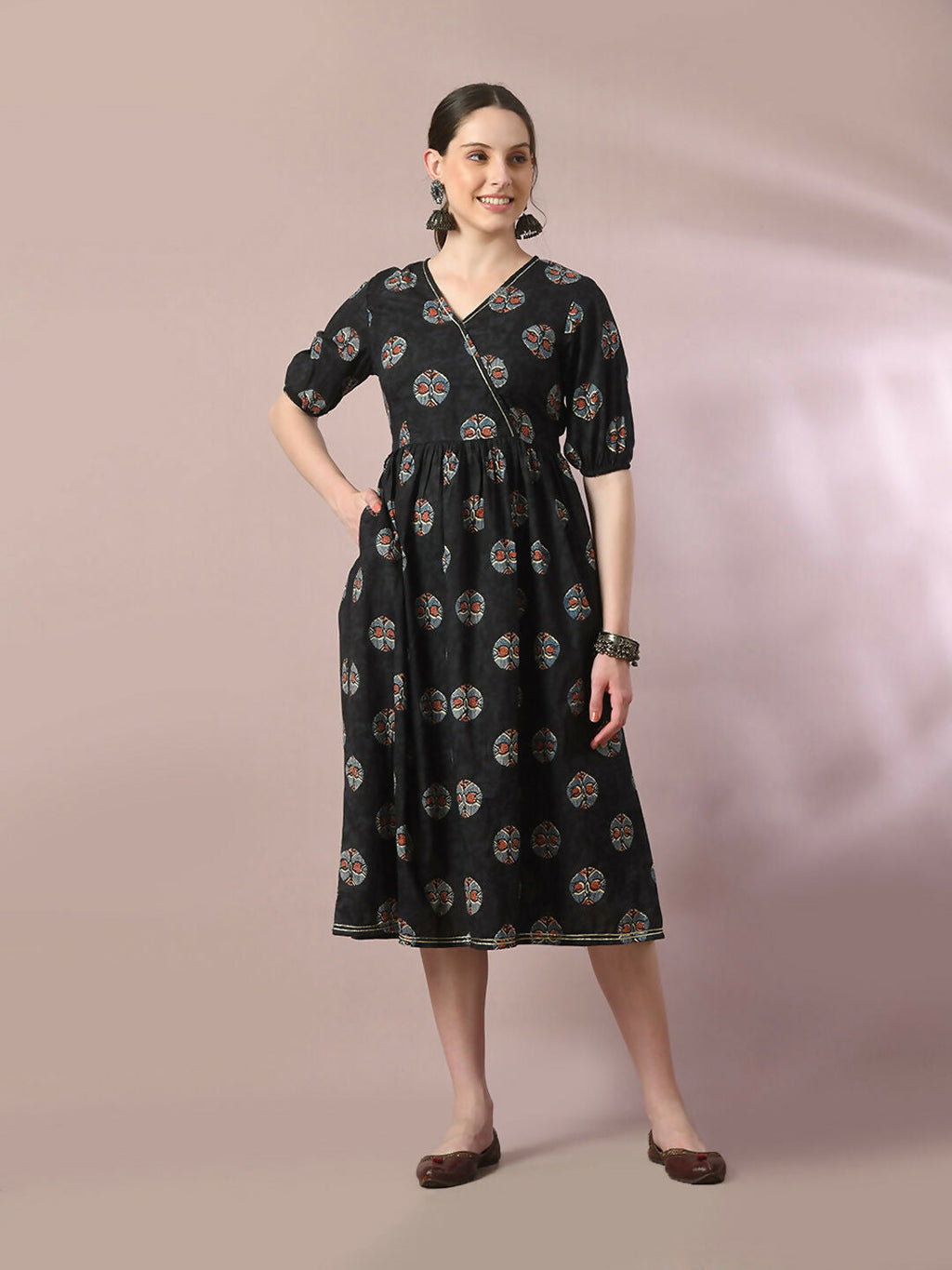Myshka Women's Black Printed Cotton V-Neck Empire Party Dress | Grocsy