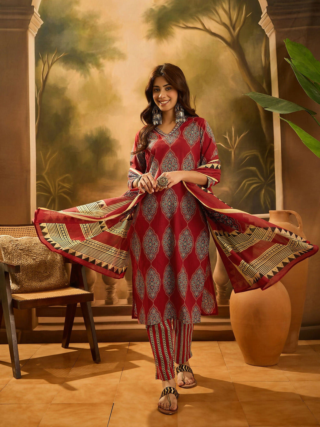 Joban Fashion Printed Maroon Pure Cotton Kurta Set | Grocsy