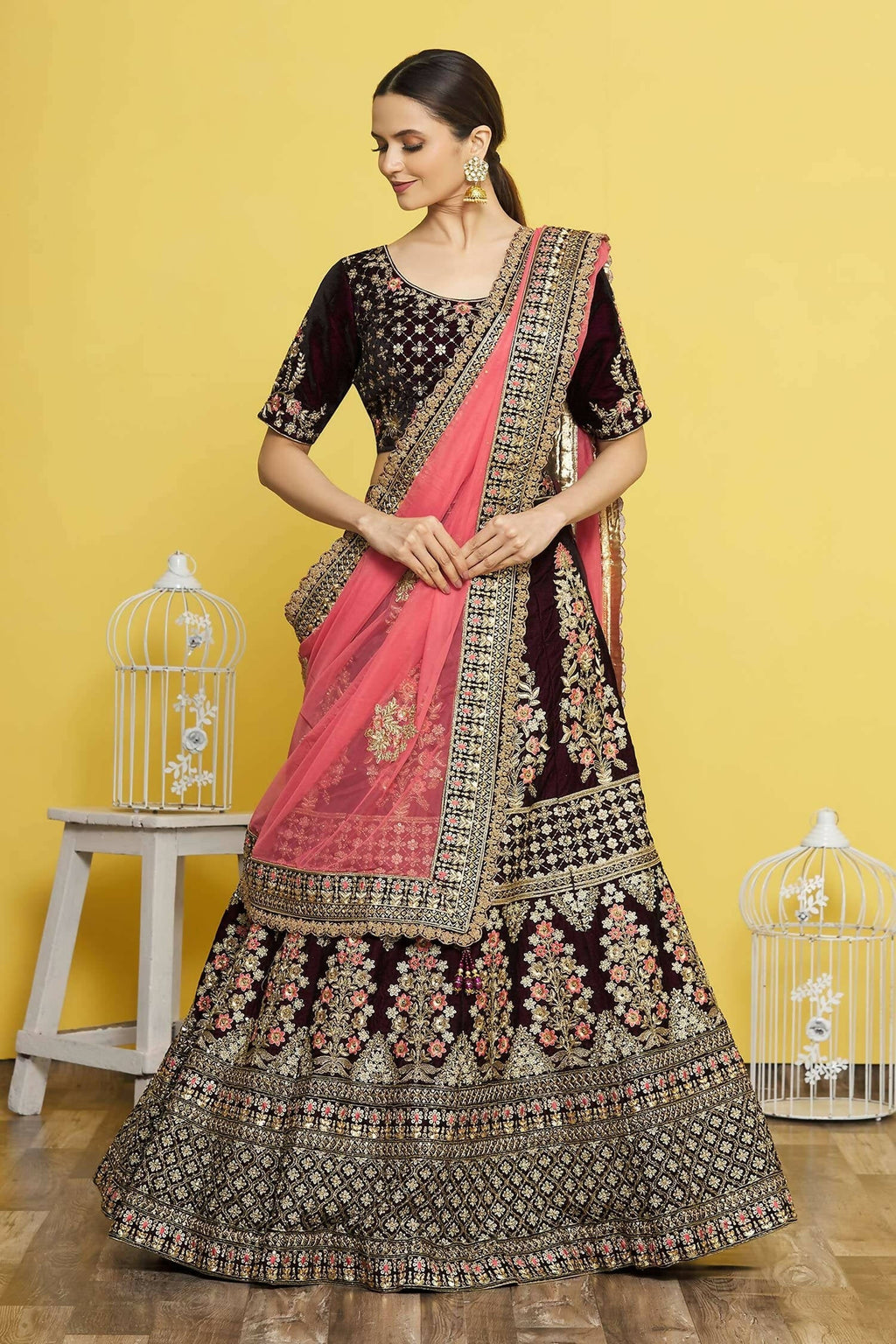 Wine Velvet Semi-Stitched Wedding Bridal Lehenga - Nimaya | Grocsy