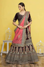 Wine Velvet Semi-Stitched Wedding Bridal Lehenga - Nimaya | Grocsy