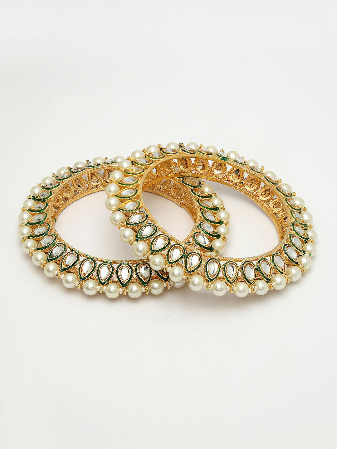 NVR Women's Set Of 2 Gold-Polished Kundan-Studded & Pearls-Beaded Bangles | Grocsy