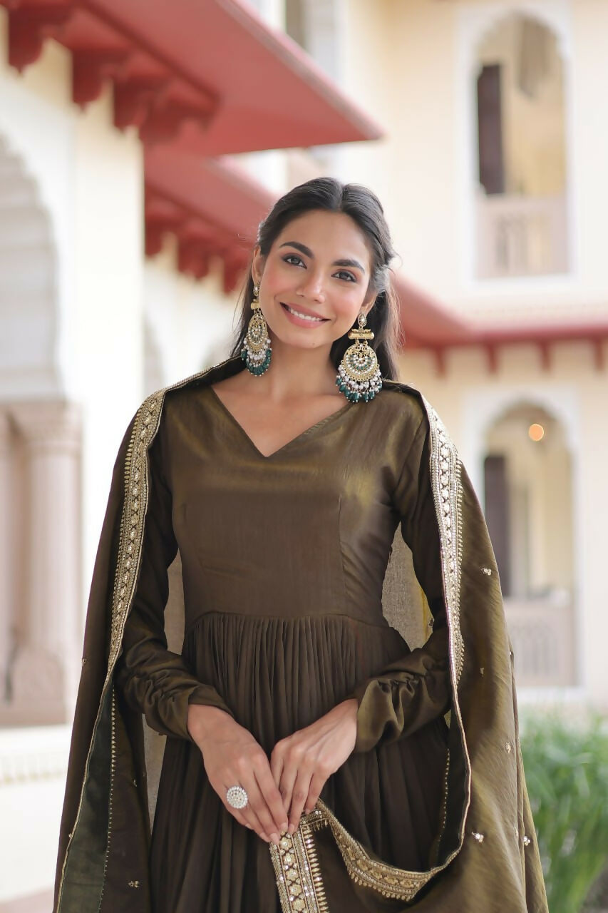 Teeya Creation Womens New Fancy Vichitra Silk With Rich Sequins Embroidered Work Gown Set | Grocsy