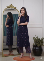 Teeya Creation Stylish Navy Blue Cotton Kurta With Geometric Print And Matching Palazzos | Grocsy