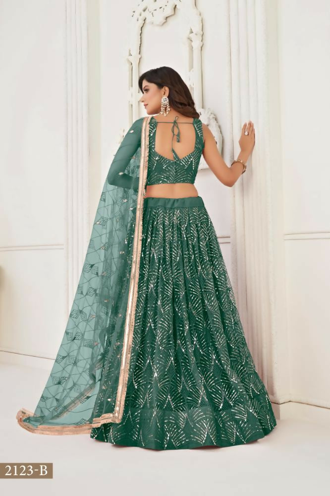 Aastha Fashion Bottle Green Butterfly Net Tone To Tone Thread Work, Sequence Work And Original Mirror Work Embroidery Wedding Wear Lehenga Choli | Grocsy
